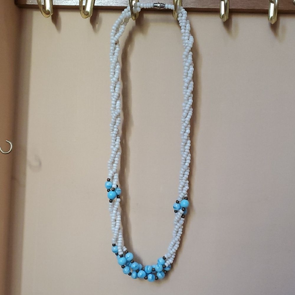 Elegant White and Blue Beaded Necklace